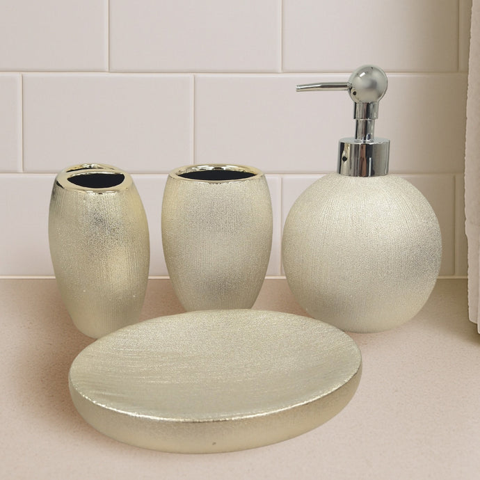 4-Piece Light Gold Mosaic Bathroom Accessories Set — Glossy Ceramic Bathroom Set with Soap Dispenser, Toothbrush Holder, Cup & Soap Dish