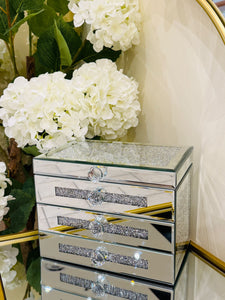 Jewelry Box Fashion Beauty Suitcase Accessory Mirrored Glass Storage Box Cases Portable in Silver with Crushed Crystals