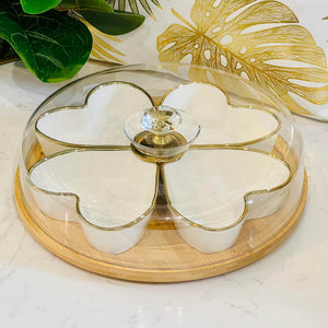 Serving Tray Kitchen Bamboo Rotating Tray White Heart Shape Ceramic Bowls with Gold for Fruits Snack Organizers Multi Sectional Serving Plate