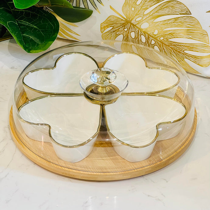 Serving Tray Kitchen Bamboo Rotating Tray White Heart Shape Ceramic Bowls with Gold for Fruits Snack Organizers Multi Sectional Serving Plate