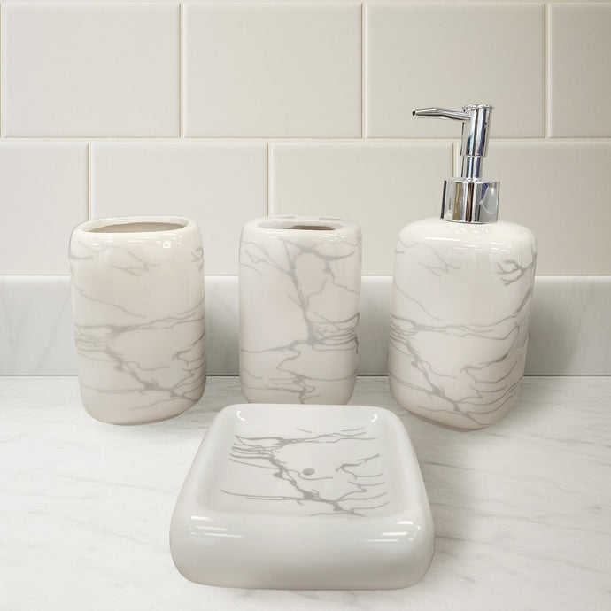 4-Piece White Ceramic Bathroom Accessories Set — Grey Marble Look with Soap Dispenser, Toothbrush Holder, Cup & Soap Dish