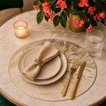 Placemats in Gold Round Dining Table Mats with Special Layer Underneath Preventing Spills and Messes, Leaf Design Placemats for Dining Table Wedding Parties Accent Centrepiece