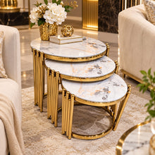 Set of 3 Marble Nesting Tables with White & Grey Marble Tops | Luxury Gold Stainless-Steel Design