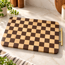 Wooden Charcuterie Board with Metal Handle – Checkered Cutting Board, Decorative Cheese & Meat Serving Platter, Wooden Appetizer Tray, Kitchen & Dining Table Serving Board