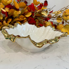 Ceramic Plate Gold and White Leaf Shape Bowl for Fruits or Decor in Pure White with Gold Lining
