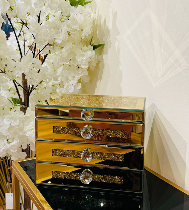 Jewelry Box Fashion Beauty Suitcase Accessory Mirrored Glass Storage Box Cases Portable in Gold Crushed Crystals