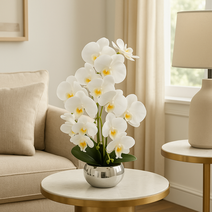 Plant Pot Medium White Artificial Orchid Flower Silver Plant Pot Floral Real Look Plant Real Touch White Flower Ceramic Planter