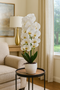 Plant Pot 28" Large White and Green Artificial Orchid Flower Pot Floral Real Look Plant Real Touch with White Ceramic Flower Planter