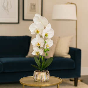 Plant Pot White Artificial Orchid Flower Pot Floral Real Look Plant Real Touch with White and Gold Ceramic Flower Planter