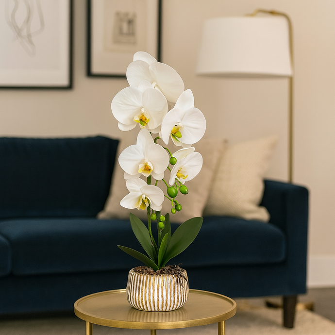 Plant Pot White Artificial Orchid Flower Pot Floral Real Look Plant Real Touch with White and Gold Ceramic Flower Planter