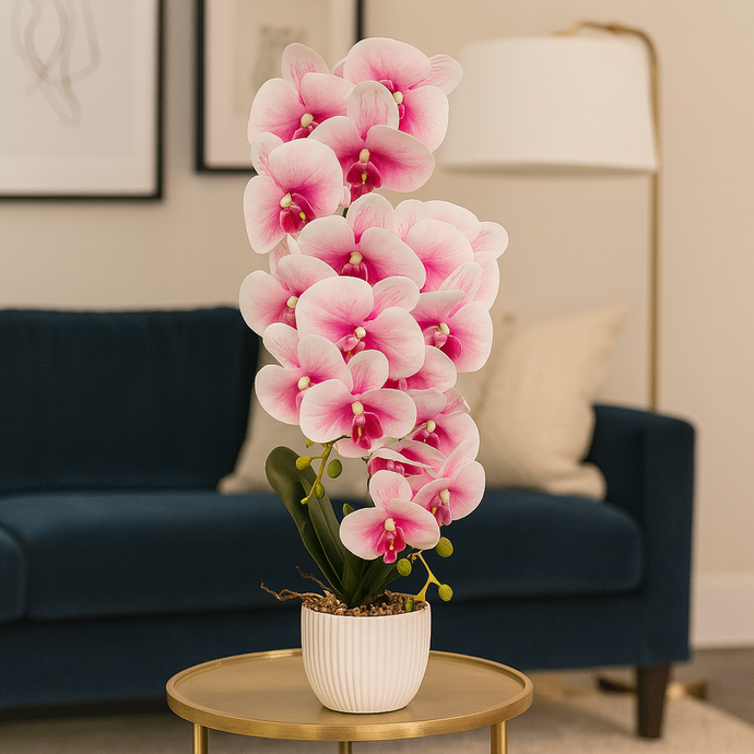 Plant Pot White and Purple Artificial Orchid Flower Pot Floral Real Look Plant Real Touch with White Ceramic Flower Planter