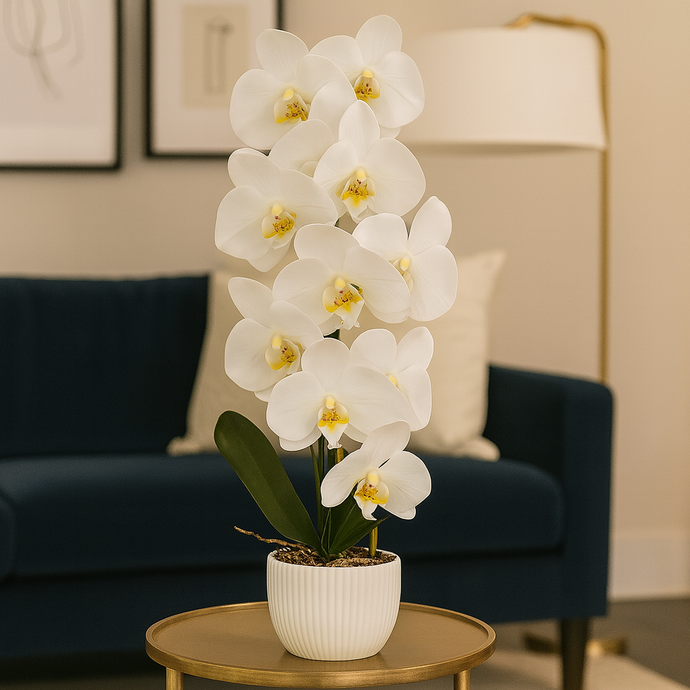 Plant Pot White and Green Artificial Orchid Flower Pot Floral Real Look Plant Real Touch with White Ceramic Flower Planter
