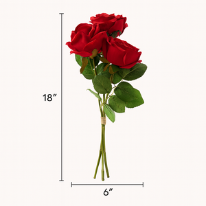 18" Artificial DEEP RED Rose 3-Stem Bundle – Set of 3 PU Leather Faux Roses Tied with Ribbon – Removable Silk Stems for DIY Floral Arrangements, Bridal Bouquets, and Home Decor