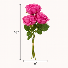 18" Artificial PURPLE Rose 3-Stem Bundle – Set of 3 PU Leather Faux Roses Tied with Ribbon – Removable Silk Stems for DIY Floral Arrangements, Bridal Bouquets, and Home Decor