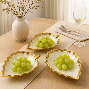 Set of 3 Leaf-Shaped Serving Plates – Elegant White & Gold Ceramic Platter Set for Appetizers, Snacks, Desserts – Decorative Dish Set for Parties, Weddings, Home Décor
