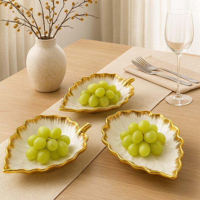 Set of 3 Leaf-Shaped Serving Plates – Elegant White & Gold Ceramic Platter Set for Appetizers, Snacks, Desserts – Decorative Dish Set for Parties, Weddings, Home Décor
