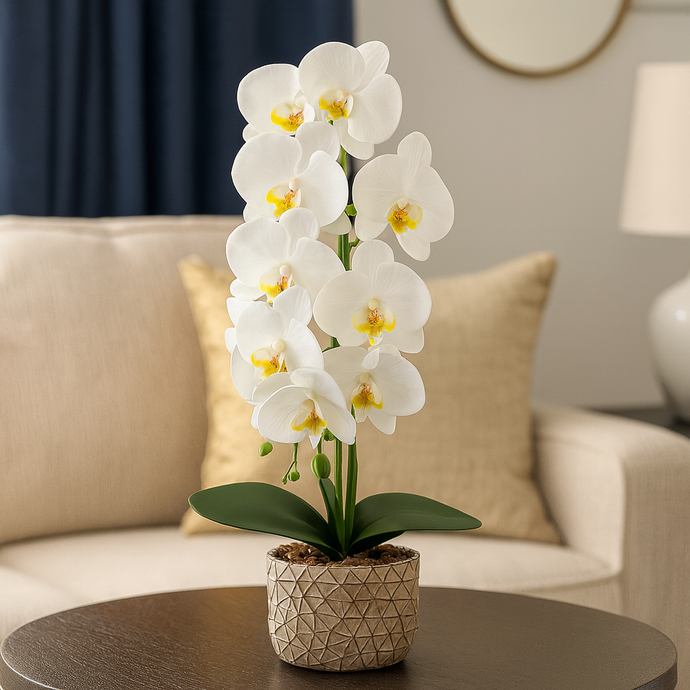 Plant Pot White and Green Artificial Orchid Flower Pot Floral Real Look Plant Real Touch with Grey Ceramic Flower Planter
