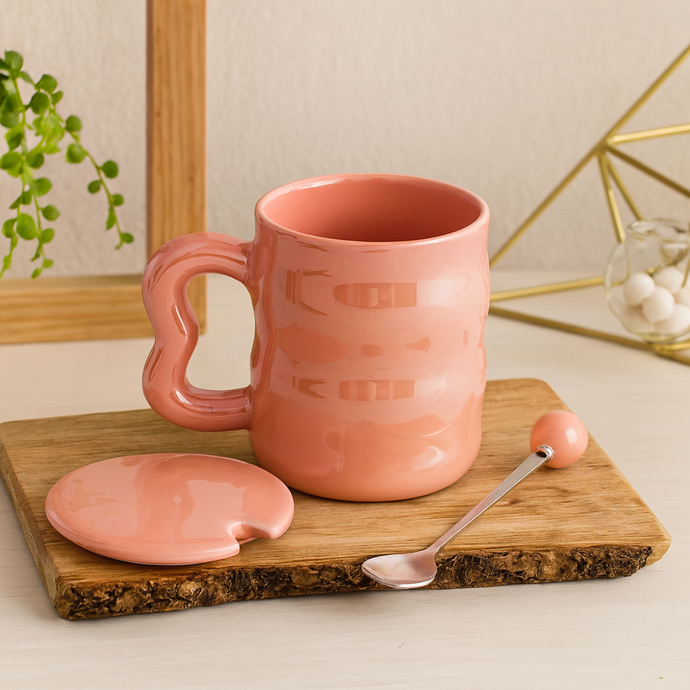 Ceramic Coffee Mug with Lid & Spoon – 350mL Heart Handle Pearl Pink Tea Cup for Home and Office Decor