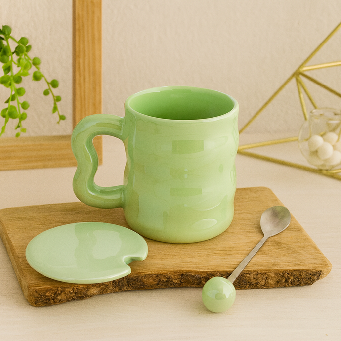 Ceramic Coffee Mug with Lid & Spoon – 350mL Heart Handle Pearl Green Tea Cup for Home and Office Decor