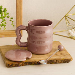 Ceramic Coffee Mug with Lid & Spoon – 350mL Heart Handle Pearl Purple Tea Cup for Home and Office Decor