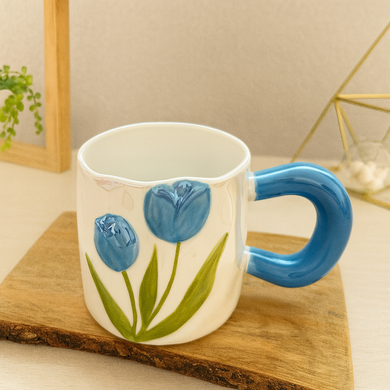 Ceramic Coffee Mug – 400mL BLUE Tulip Flower Tea Cup with Comfortable Handle for Tea, Coffee and Hot Drinks
