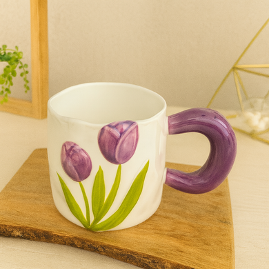 Ceramic Coffee Mug – 400mL PURPLE Tulip Flower Tea Cup with Comfortable Handle for Tea, Coffee and Hot Drinks