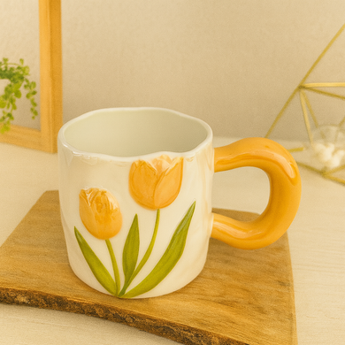 Ceramic Coffee Mug – 400mL ORANGE Tulip Flower Tea Cup with Comfortable Handle for Tea, Coffee and Hot Drinks