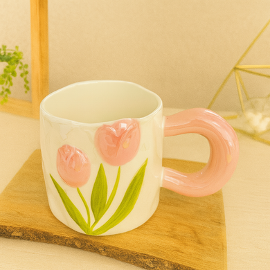 Ceramic Coffee Mug – 400mL PINK Tulip Flower Tea Cup with Comfortable Handle for Tea, Coffee and Hot Drinks