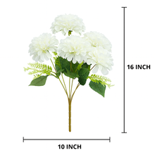 Artificial Dahlia Flower Bunch – 7 Heads + Extension – 16” Tall Realistic Silk Faux Flowers with Greenery – WHITE Decorative Bouquet for Home, Wedding, Office or Vase Arrangement