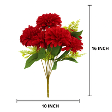 Artificial Dahlia Flower Bunch – 7 Heads + Extension – 16” Tall Realistic Silk Faux Flowers with Greenery – RED Decorative Bouquet for Home, Wedding, Office or Vase Arrangement