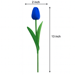 1-piece Tulip Flower Artificial PU Leather BLUE Tulip Stem – 13” Realistic Faux Flower with Green Leaves – Real Touch and Look Decorative Single Tulip for Home, Office, or Event Arrangements