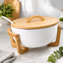 White Ceramic Serving Bowl with Bamboo Lid & Wooden Stand – Large Covered Food Serving Dish with Ceramic Spoon for Rice, Biryani, Pasta, Salads & Entertaining