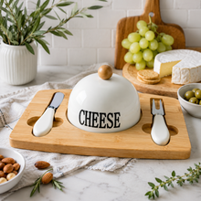 Bamboo Cheese Board Set with Ceramic Cheese Dome & 2 Serving Knives – Wooden Charcuterie Platter for Cheese, Crackers, Appetizers & Entertaining