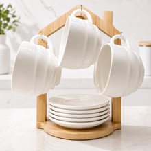 6-Piece Ceramic Tea Cup & Saucer Set with House-Shaped Bamboo Wooden Stand – 6 White Tea Cups, 6 Matching Saucers, Modern Mug Holder Rack for Coffee, Tea, Cappuccino & Kitchen Countertop Display