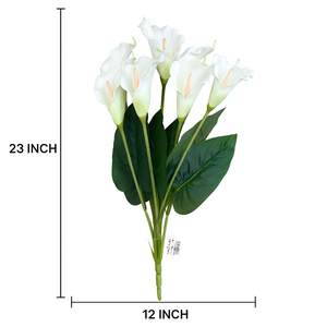 Artificial WHITE Calla Lily Flower Bouquet – 7 Heads with Green Leaves & Extension, Premium PU Material, 23” Tall Real Touch Lilly Flower Bunch for Home Decor, Wedding Centrepieces, Office & Table Arrangements