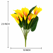 Artificial YELLOW with Orange Calla Lily Flower Bouquet – 7 Heads with Green Leaves & Extension, Premium PU Material, 23” Tall Real Touch Lilly Flower Bunch for Home Decor, Wedding Centrepieces, Office & Table Arrangements