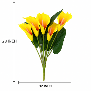 Artificial YELLOW with Orange Calla Lily Flower Bouquet – 7 Heads with Green Leaves & Extension, Premium PU Material, 23” Tall Real Touch Lilly Flower Bunch for Home Decor, Wedding Centrepieces, Office & Table Arrangements
