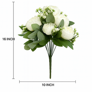 Artificial WHITE Peony Flower Bouquet with 12 Peonies and Fillers – Real Touch Silk Flowers for Home Decor, Wedding Centerpiece, Office, or Gift – 16 Inch Tall