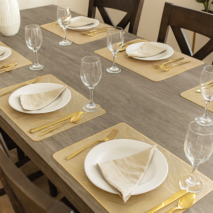 Placemats in Gold Rectangular Dining Table Mats with Special Layer Underneath Preventing Spills and Messes, Leaf Design Placemats for Dining Table Wedding Parties Accent Centrepiece
