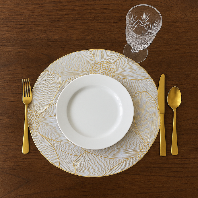 Placemats in Gold Flower Dining Table Mats with Special Layer Underneath Preventing Spills and Messes, Flower Design Placemats for Dining Table Wedding Parties Accent Centrepiece