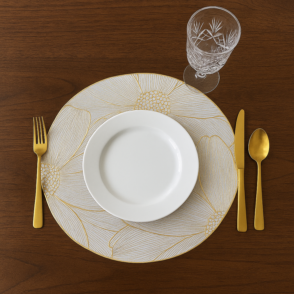 Placemats in Gold Flower Dining Table Mats with Special Layer Underneath Preventing Spills and Messes, Flower Design Placemats for Dining Table Wedding Parties Accent Centrepiece