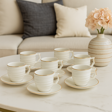 Tea Cups Set of Six with Saucers Hot or Cold Drink Cups with Plates in White and Gold Design Ceramic Luxury Looking Coffee Tea Mugs Set 6-Pieces
