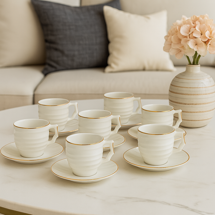Tea Cups Set of Six with Saucers Hot or Cold Drink Cups with Plates in White and Gold Design Ceramic Luxury Looking Coffee Tea Mugs Set 6-Pieces