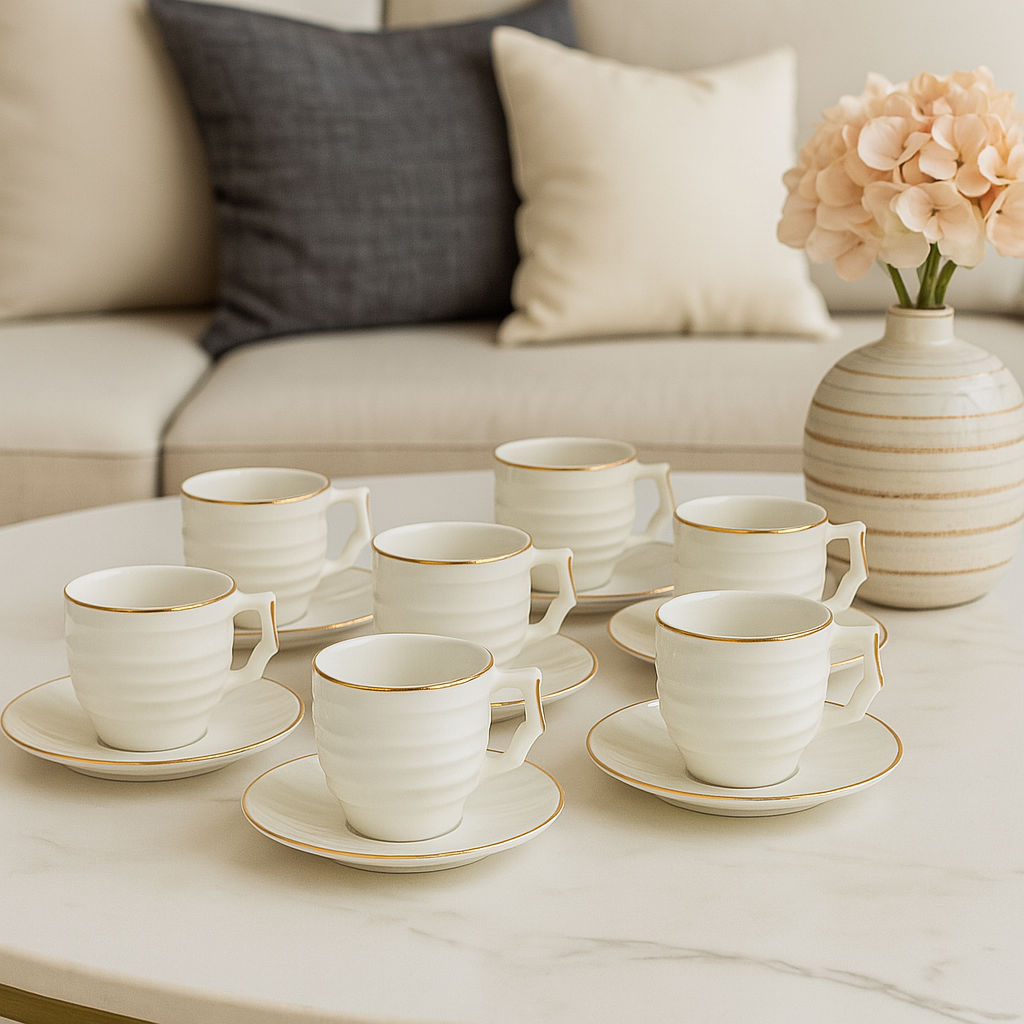 Tea Cups Set of Six with Saucers Hot or Cold Drink Cups with Plates in White and Gold Design Ceramic Luxury Looking Coffee Tea Mugs Set 6-Pieces
