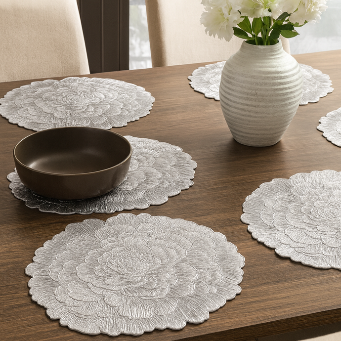Placemats in Silver Flower Shape Dining Table Mats with Special Layer Underneath Preventing Spills and Messes, Flower Design Placemats for Dining Table Wedding Parties Accent Centrepiece