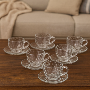 Tea Cups SET of Six with Saucers Transparent Colour Hot Drink Cups with Plates Glass Luxury Looking Coffeecup Set 6-Pieces