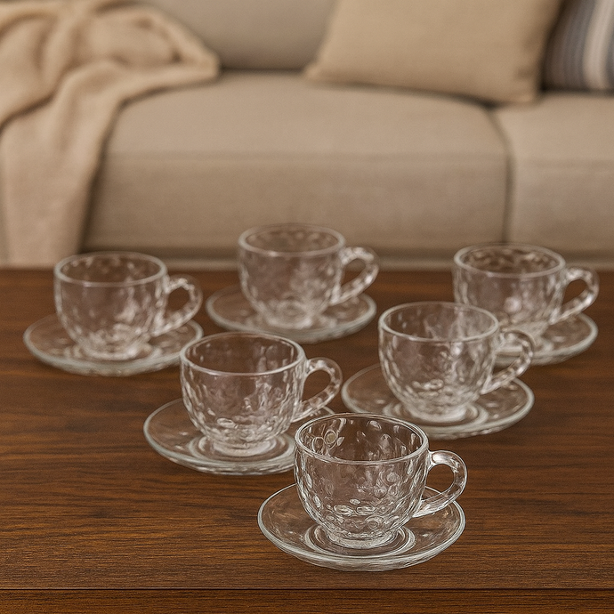 Tea Cups SET of Six with Saucers Transparent Colour Hot Drink Cups with Plates Glass Luxury Looking Coffeecup Set 6-Pieces