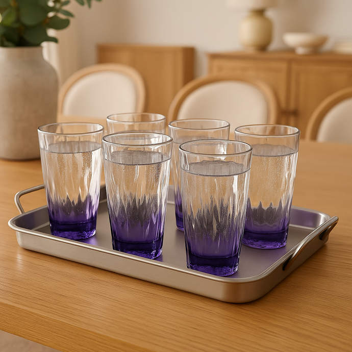 6-piece Set Glasses Drinking Cups Everyday Use Clear Heavy Glass Juice Cups Crystal Colour with Purple Glass Set of SIX