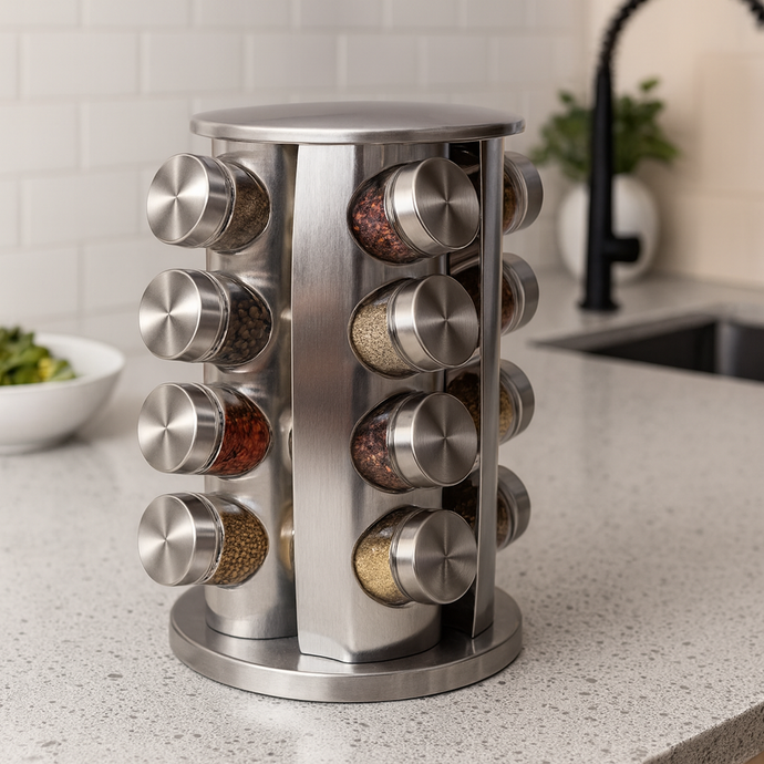 16 pieces Silver Rotary Seasoning Jar Organizer Seasoning Bottle Decorated Kitchen Seasoning Rack in Grey Colour