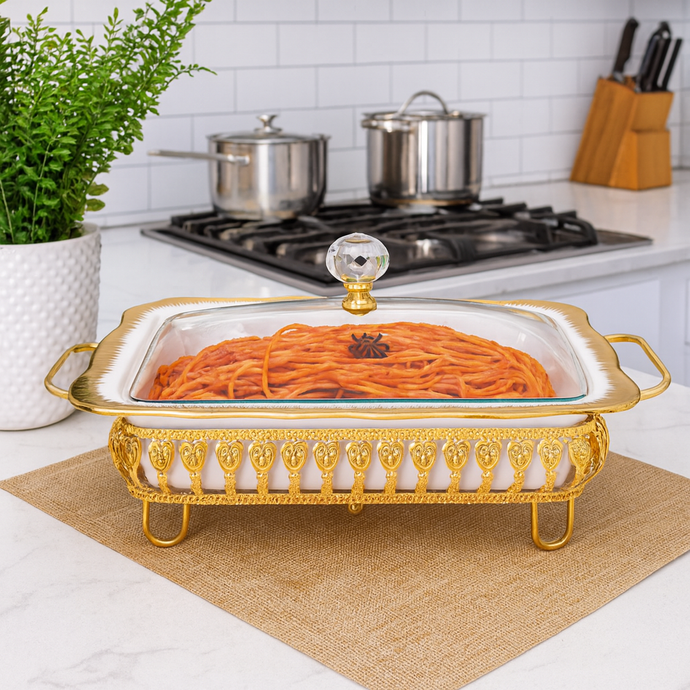 Gold Serving Dish with Glass Lid Luxury Rectangular Serving Plate – Elegant Food Display Tray for Buffet, Kitchen, and Dining Table